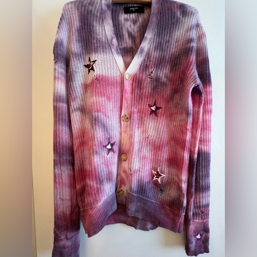 AMIRI cashmere tie dye embroidered distressed cardigan
